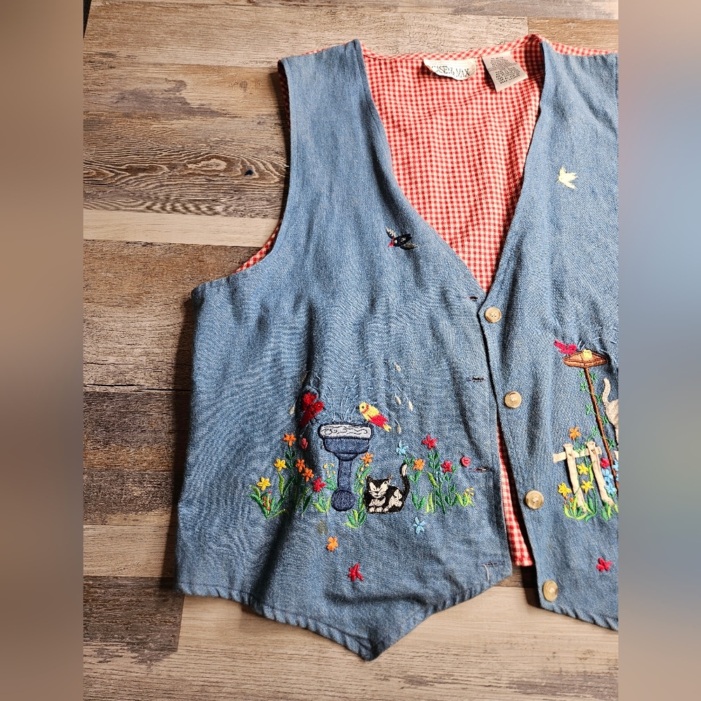 Casey & Max Vintage Women's Vest Size Large Cats In Garden Bird Bath Embroidery - Picture 7 of 14